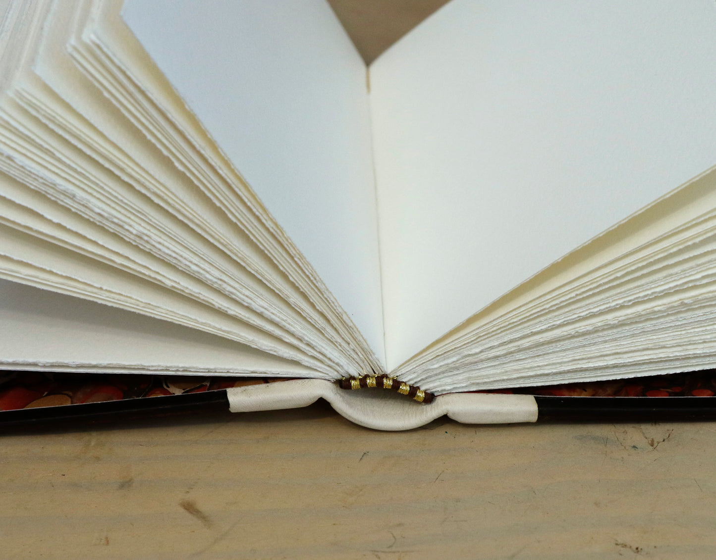 Antiqued journal, Orange-brown leather cover with white leather spine, Gold tooled decoration. The Book of Light