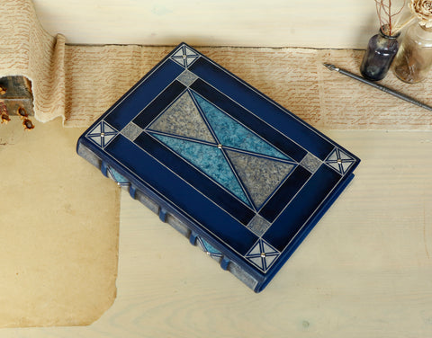Blue leather journal with silver decoration, one of a kind. "Silver Lace"