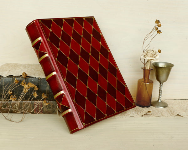 Leather Journal / Blank Book, Bright Red Leather, Gold Tooled Decoration