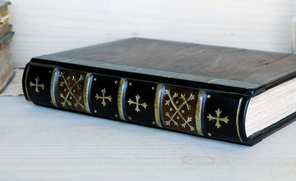 Large leather journal, Worn leather, Silver tooled decoration. The Old Book