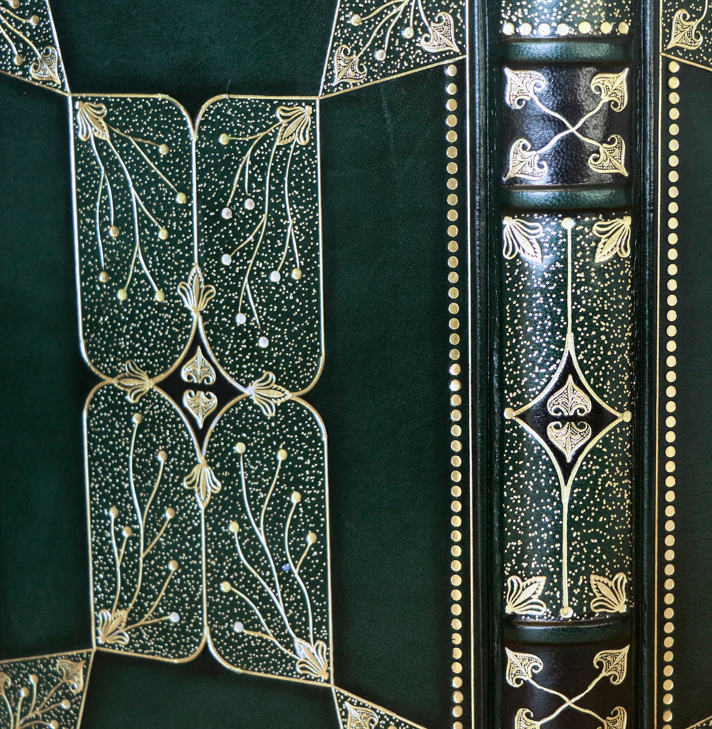 Dark Green Leather Journal with Gold Tooled Decoration. Romantic Journey