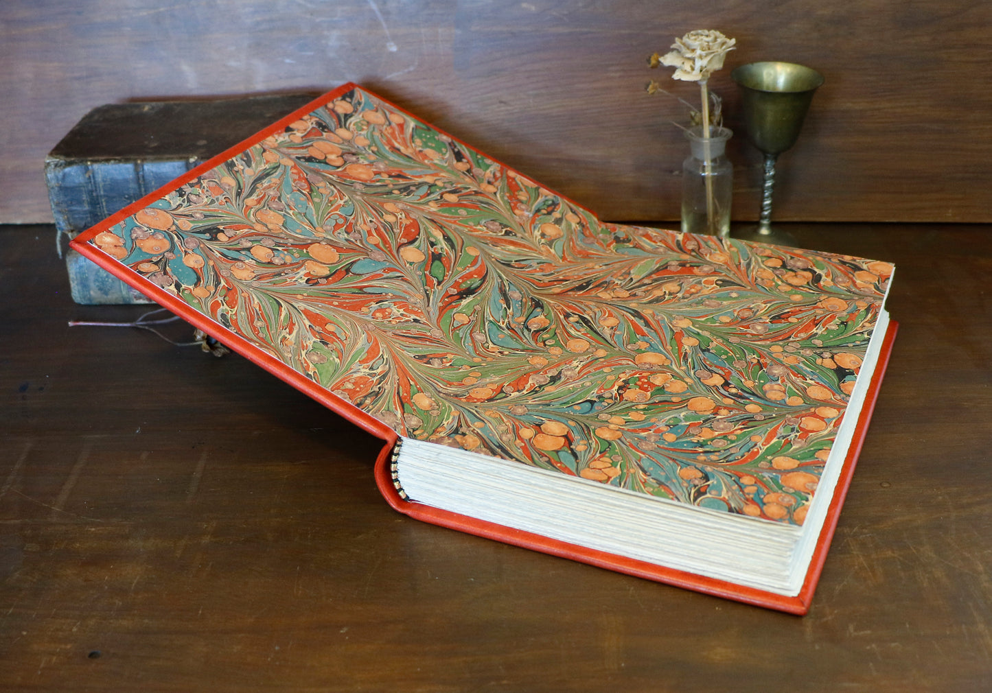 Vermillion Leather Journal, Hand tooled with gold foil, The Nymph's Garden