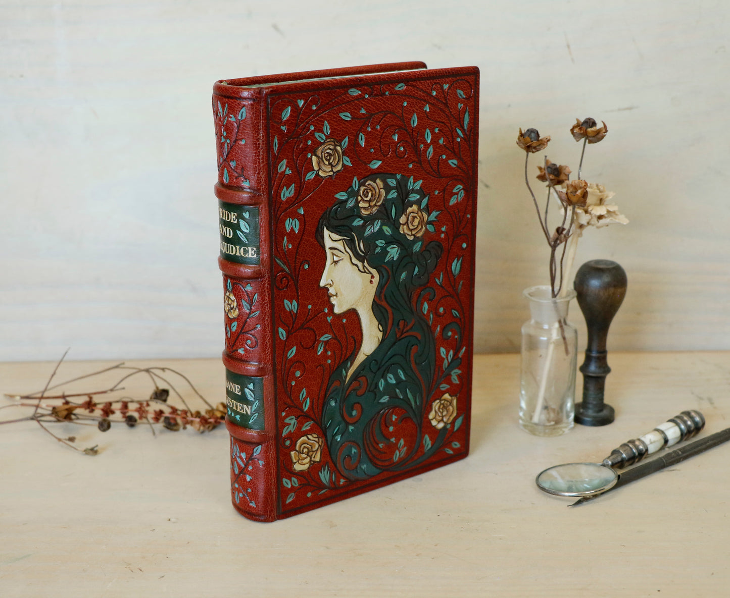Pride and Prejudice | Jane Austen. Hand Tooled and Painted Leather Binding, Original Artwork Design. One of a kind