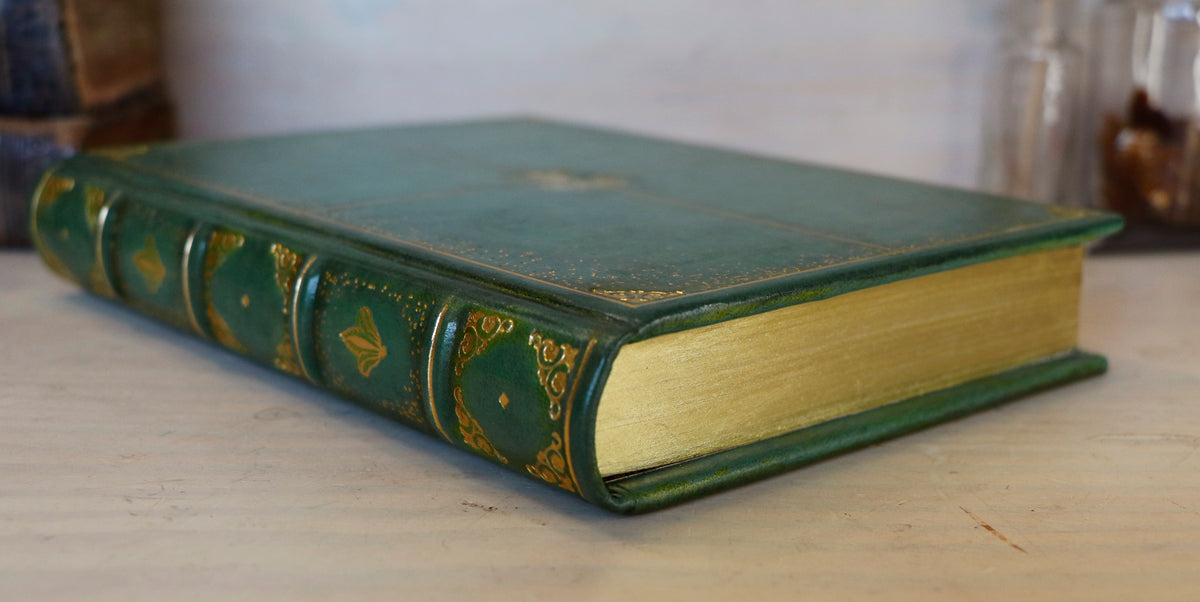 Green Leather Journal with gold tooled decoration and Gilded Edges. The Gilded Garden
