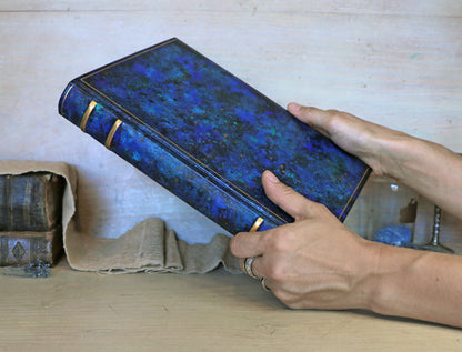 Blue leather journal with hand marbled decoration - Ocean Waves