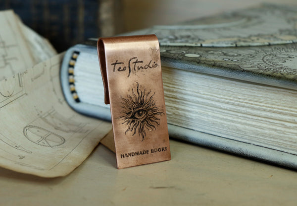 Handpainted Leather Journal, One of a Kind blank book on astrology with Copper Engraved Bookmark - Creatio Universi / The Creation of the Universe