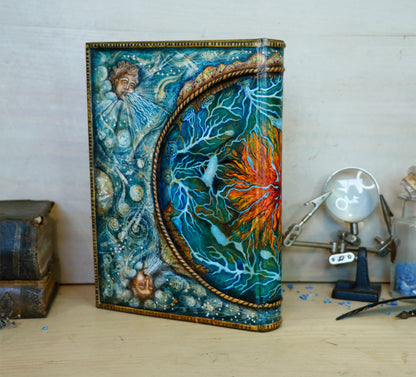Hand-painted Leather Journal, One of a Kind blank book - Mundus Subterraneus, Aquatic System