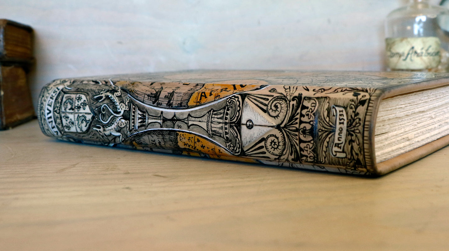 Handpainted leather journal, "Universi Orbis Descriptio", Double Heart Shaped Map Projection, One of a Kind