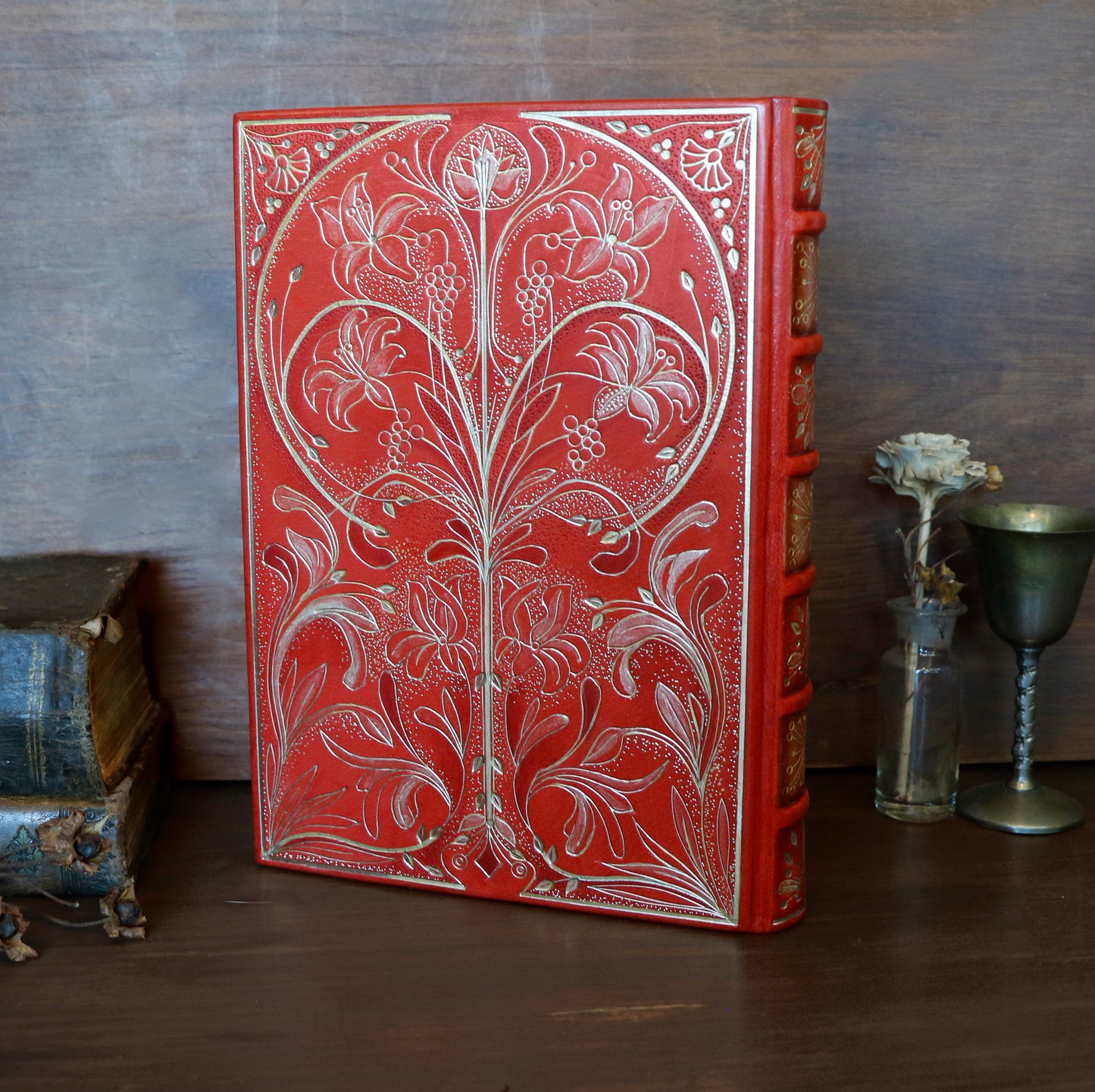 Vermillion Leather Journal, Hand tooled with gold foil, The Nymph's Garden