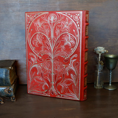 Vermillion Leather Journal, Hand tooled with gold foil, The Nymph's Garden