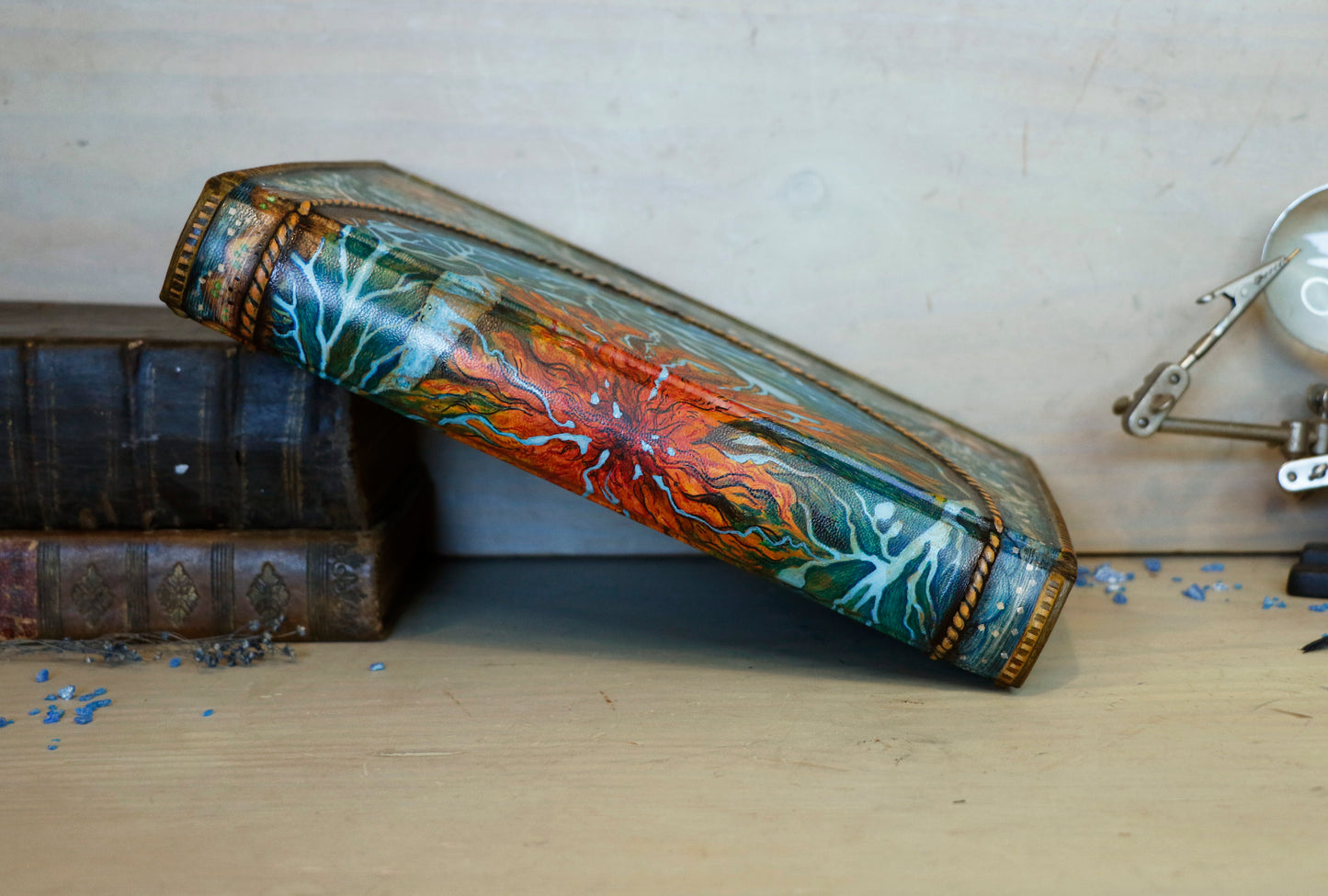 Hand-painted Leather Journal, One of a Kind blank book - Mundus Subterraneus, Aquatic System