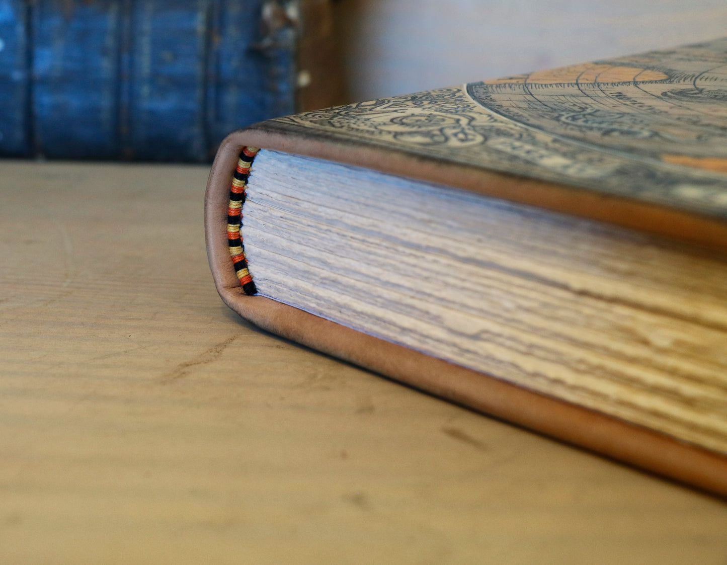 Handpainted leather journal, "Universi Orbis Descriptio", Double Heart Shaped Map Projection, One of a Kind