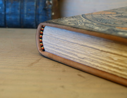 Handpainted leather journal, "Universi Orbis Descriptio", Double Heart Shaped Map Projection, One of a Kind