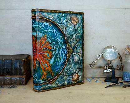 Hand-painted Leather Journal, One of a Kind blank book - Mundus Subterraneus, Aquatic System