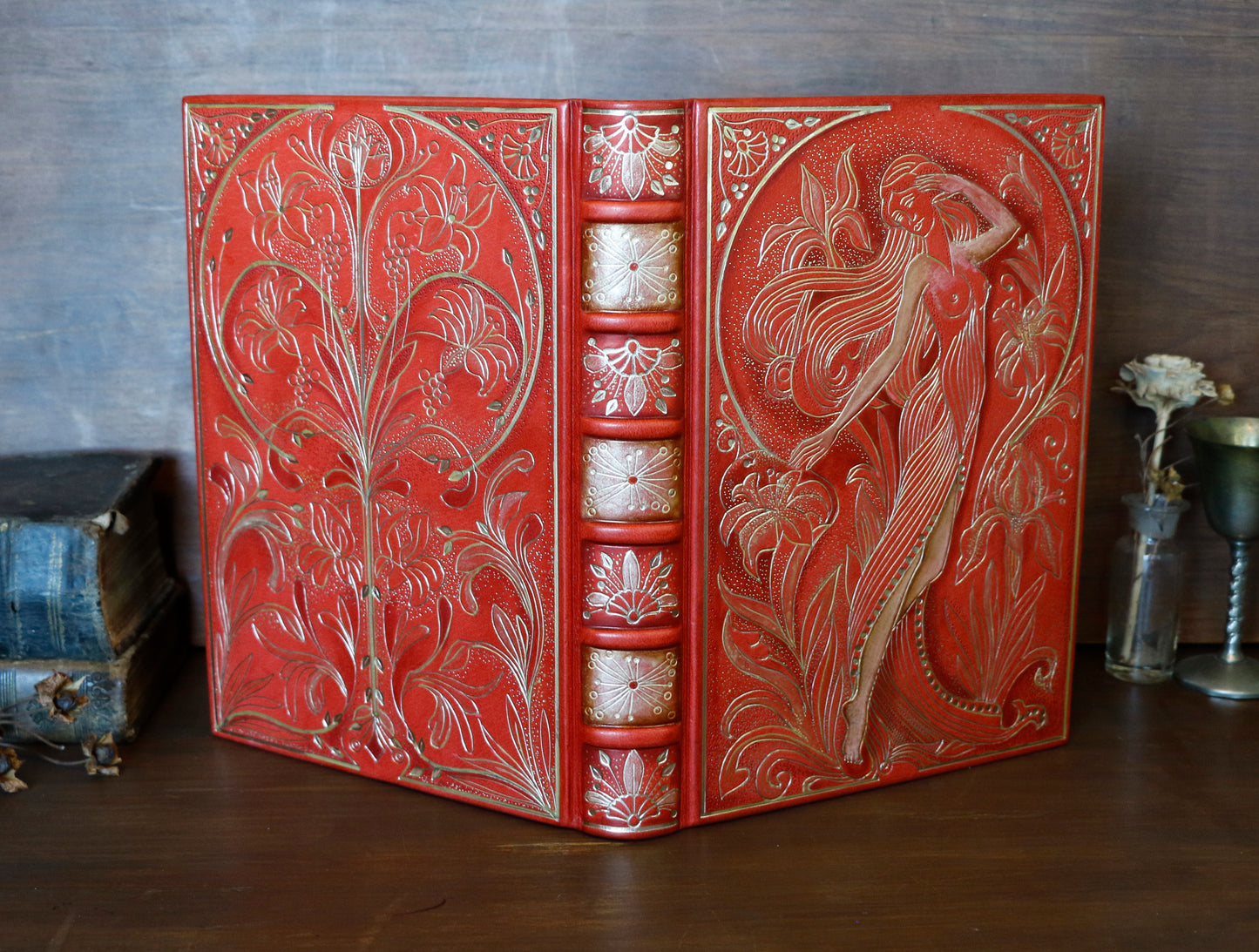 Vermillion Leather Journal, Hand tooled with gold foil, The Nymph's Garden