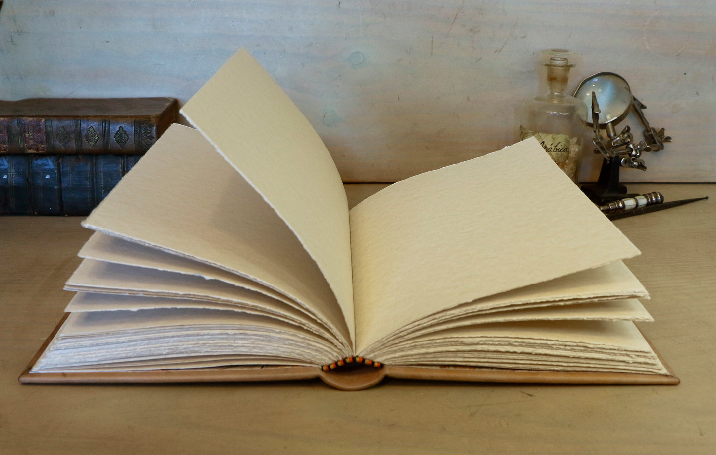 Handpainted leather journal, "Universi Orbis Descriptio", Double Heart Shaped Map Projection, One of a Kind