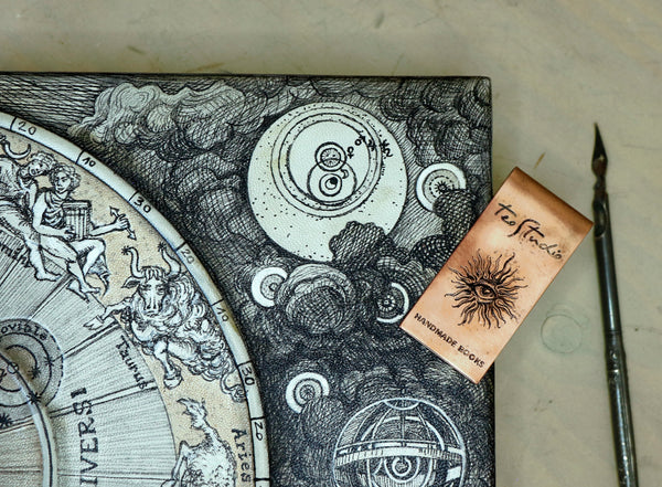 Handpainted Leather Journal, One of a Kind blank book on astrology with Copper Engraved Bookmark - Creatio Universi / The Creation of the Universe