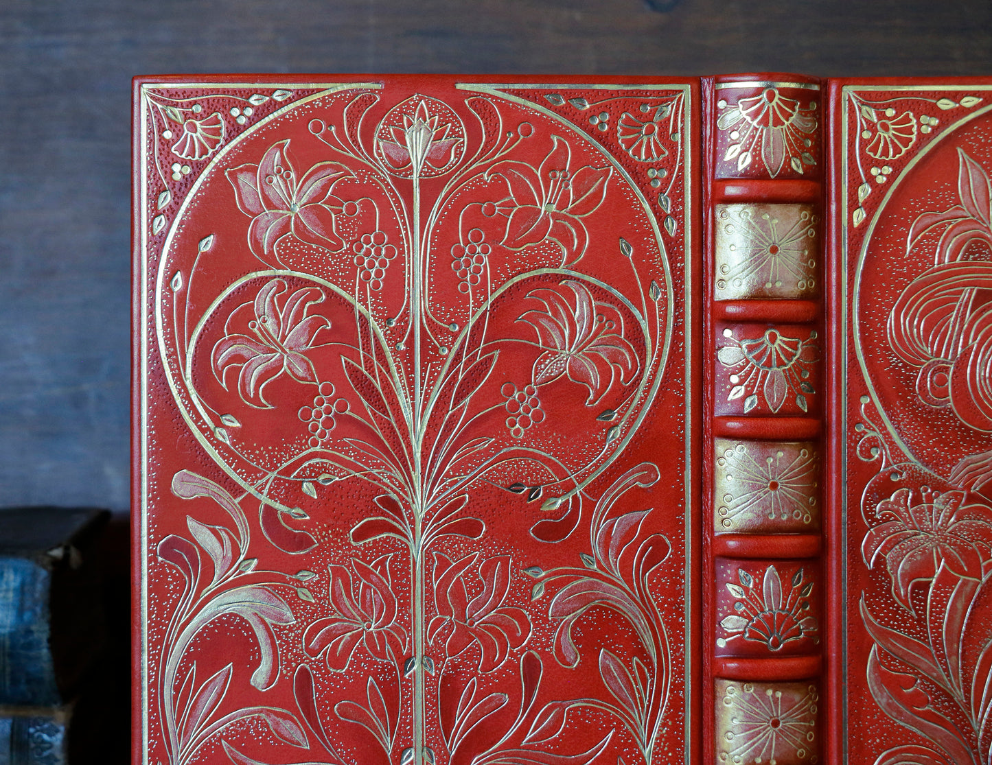 Vermillion Leather Journal, Hand tooled with gold foil, The Nymph's Garden