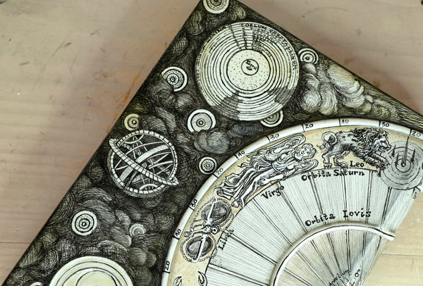 Handpainted Leather Journal, One of a Kind blank book on astrology with Copper Engraved Bookmark - Creatio Universi / The Creation of the Universe
