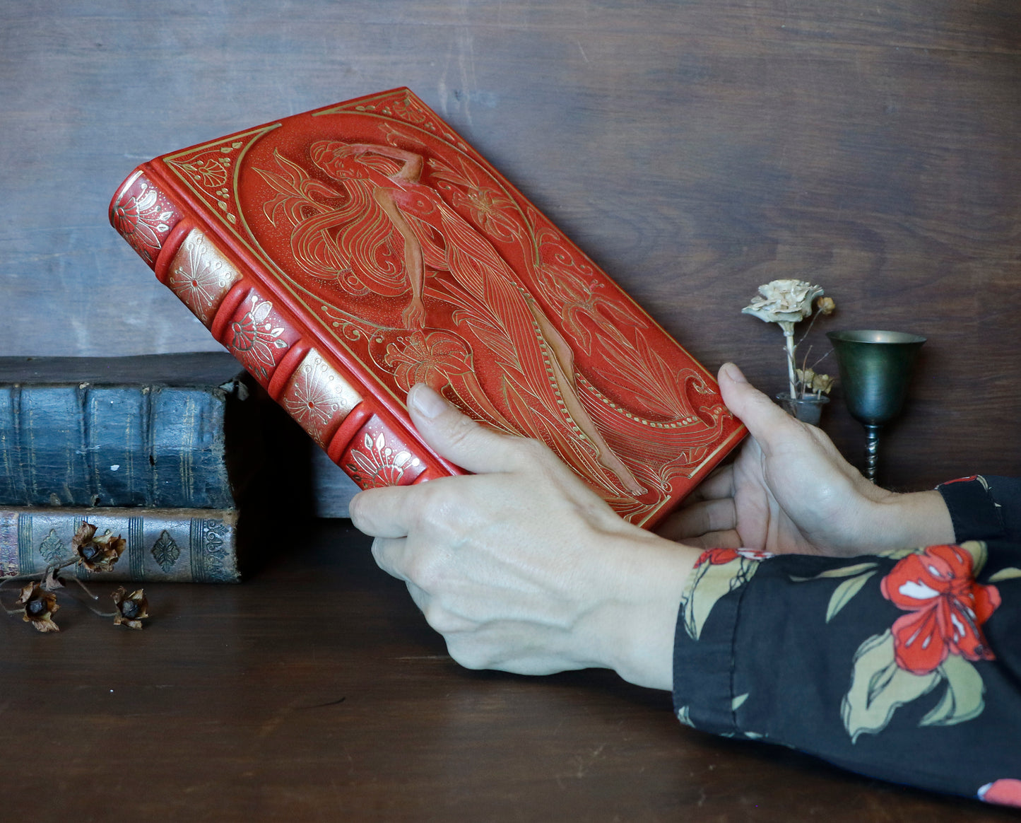 Vermillion Leather Journal, Hand tooled with gold foil, The Nymph's Garden