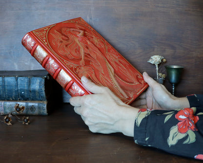 Vermillion Leather Journal, Hand tooled with gold foil, The Nymph's Garden