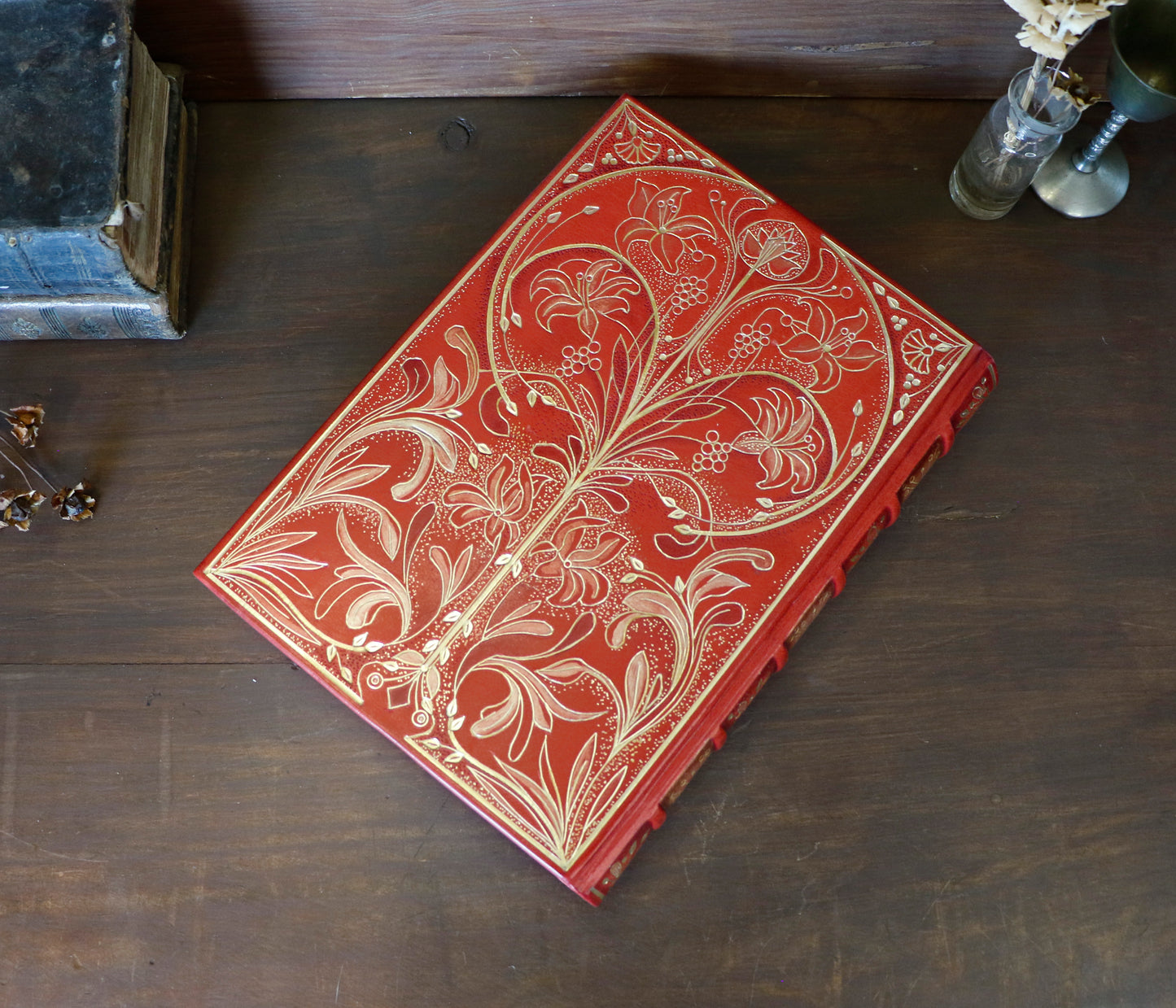 Vermillion Leather Journal, Hand tooled with gold foil, The Nymph's Garden