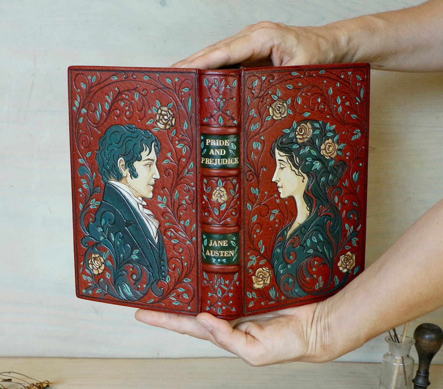 Pride and Prejudice | Jane Austen. Hand Tooled and Painted Leather Binding, Original Artwork Design. One of a kind