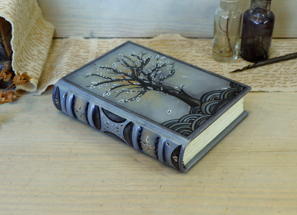 Antiqued grey leather journal with tooled decoration. The Silver Tree. One of a Kind