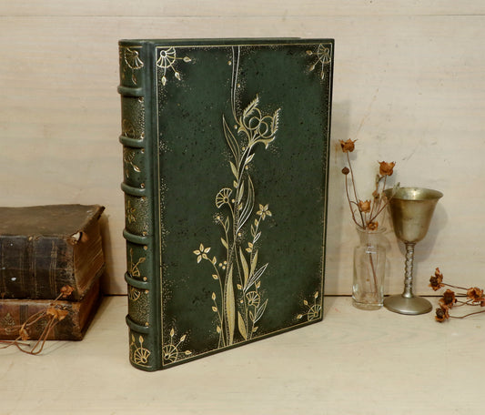 Antiqued Green Leather Journal with Gold Tooled Decoration, Flowers in Bloom