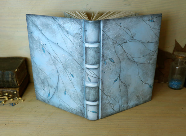 Light blue leather journal with tooled and painted decoration. One of a kind. Azure Mist