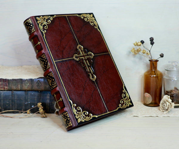 Antiqued red leather journal with cross decoration. One of a Kind - Faith