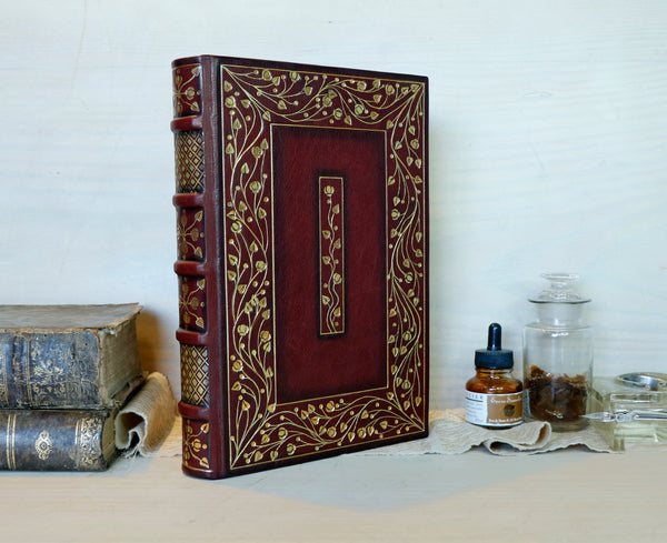 Burgundy leather journal with hand tooled gold decoration, Precious Moments
