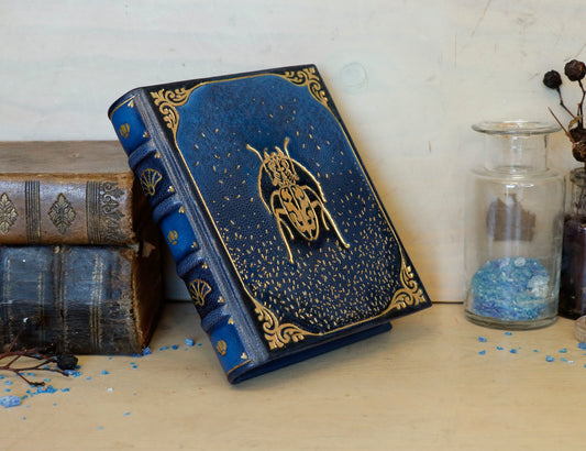 Blue leather journal with gold tooled decoration. Scarab of the Night