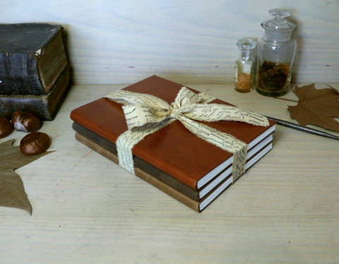 Autumn Series. Set of 3 Leather Notebooks in burnt orange, antique green and brown colors. Turning Leaves