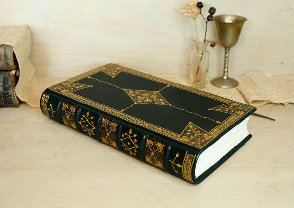 Dark Green Leather Journal with gold floral decoration. Romantic Journey
