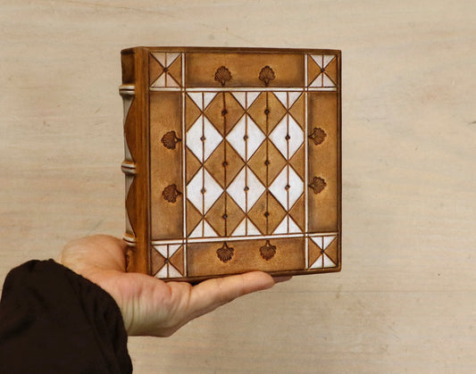 Brown leather journal with hand tooled and painted decoration - Morning Thoughts