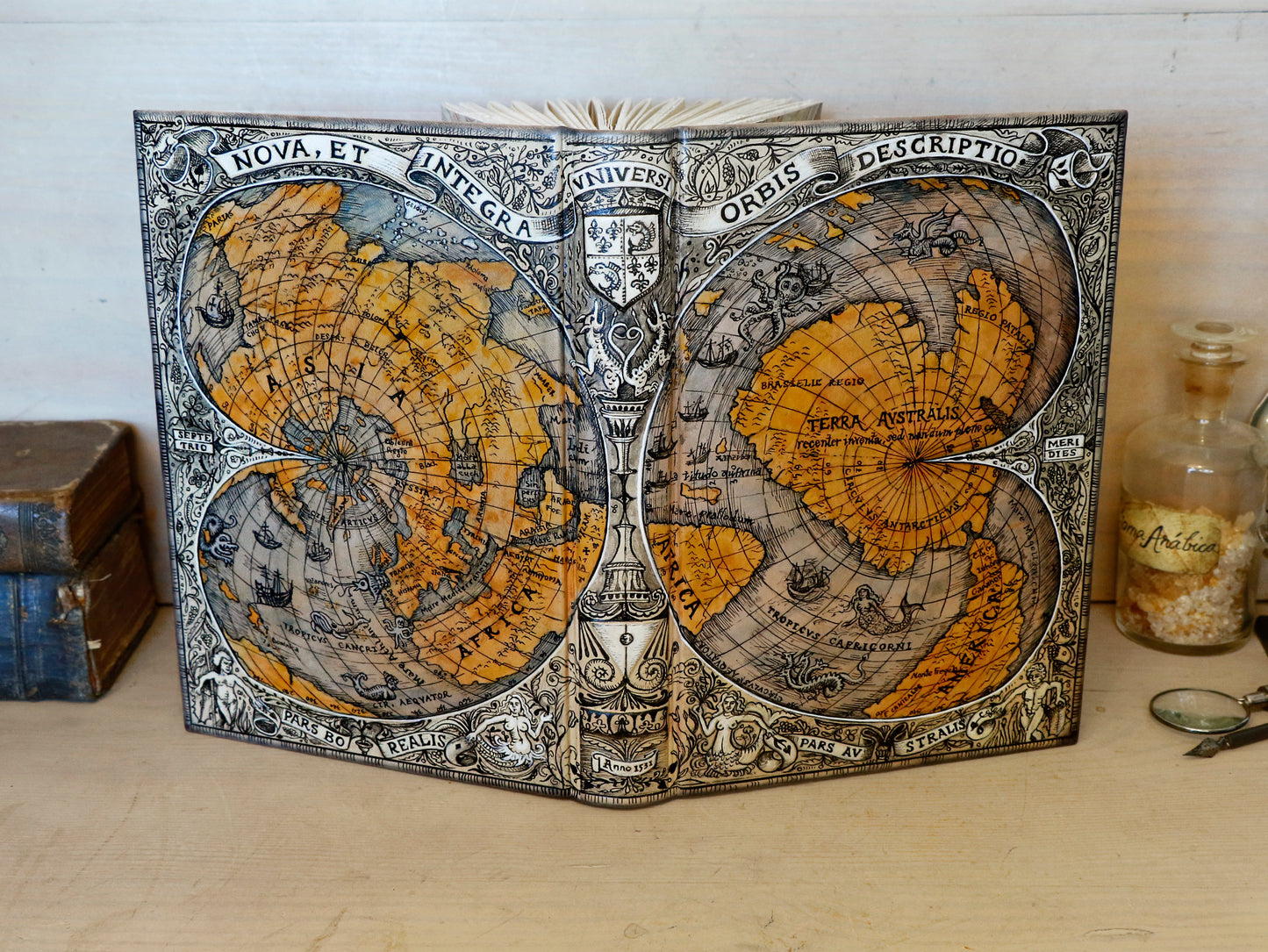 Handpainted leather journal, "Universi Orbis Descriptio", Double Heart Shaped Map Projection, One of a Kind