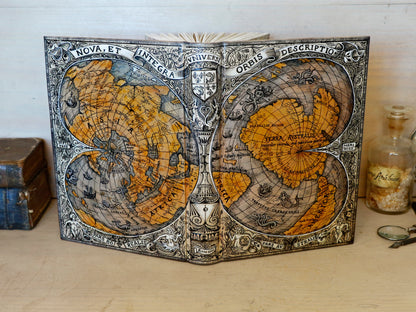 Handpainted leather journal, "Universi Orbis Descriptio", Double Heart Shaped Map Projection, One of a Kind