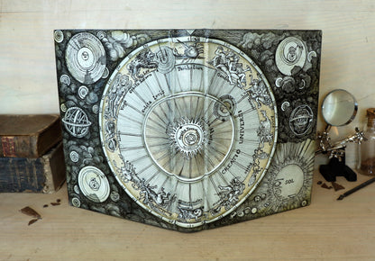 Handpainted Leather Journal, One of a Kind blank book on astrology with Copper Engraved Bookmark - Creatio Universi / The Creation of the Universe