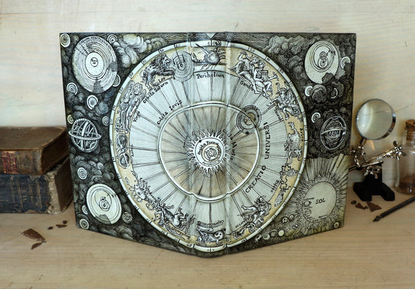 Handpainted Leather Journal, One of a Kind blank book on astrology with Copper Engraved Bookmark - Creatio Universi / The Creation of the Universe
