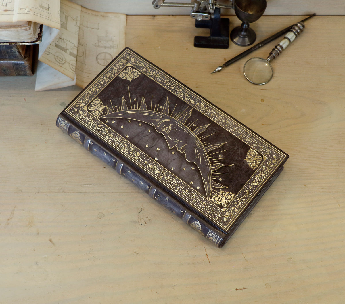 Antique Grey Leather Journal with gold decoration. Alchemic Journey. One of a Kind.
