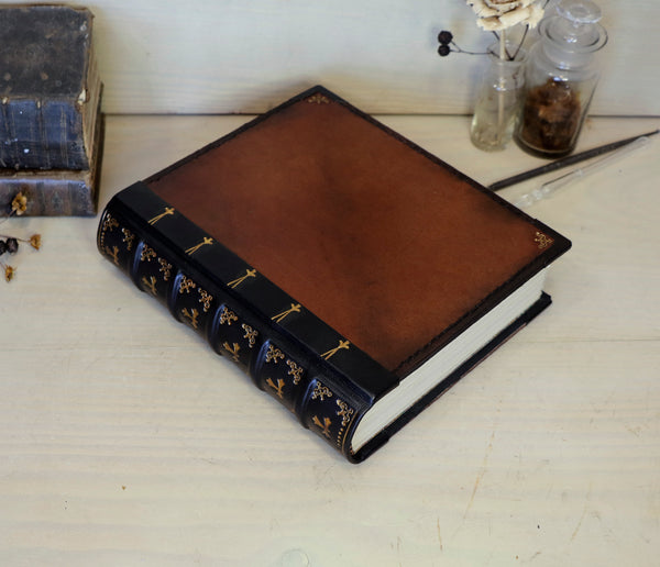 Vintage leather journal, Reclaimed brown leather, Gold tooled decoration. Once Upon a Time
