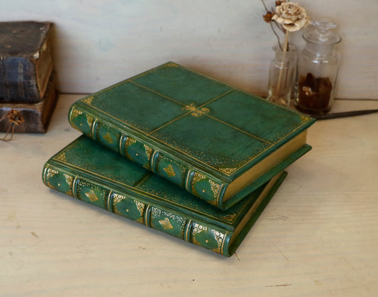 Green Leather Journal with gold tooled decoration and Gilded Edges. The Gilded Garden