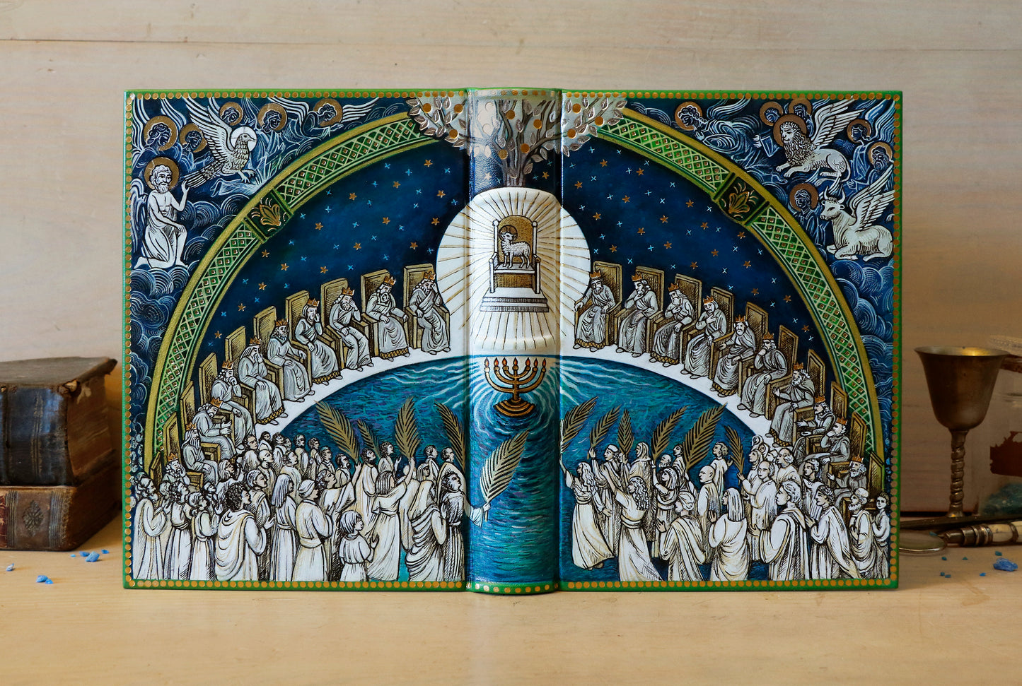 Hand painted blank book, White Leather Journal, Revelation 7, The Heart of the Spiritual Heaven