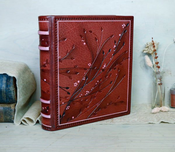 Red Leather Journal with floral decoration. Garden of Life