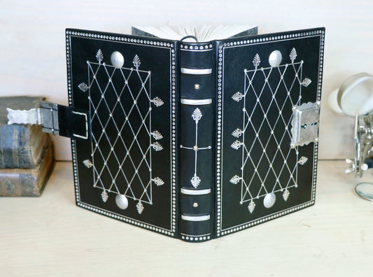 Journal with Lock and Key, Black Leather, Medium Size - "The Silver Cipher"