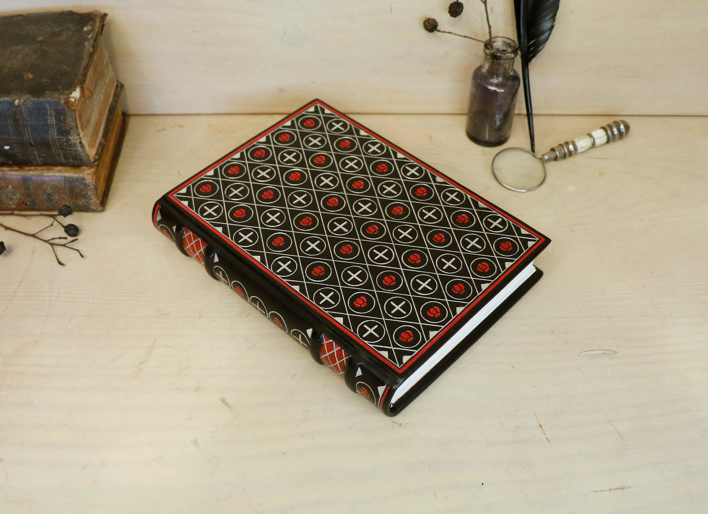 Black Leather Journal with silver and red tooled decoration - The Black Reliquary