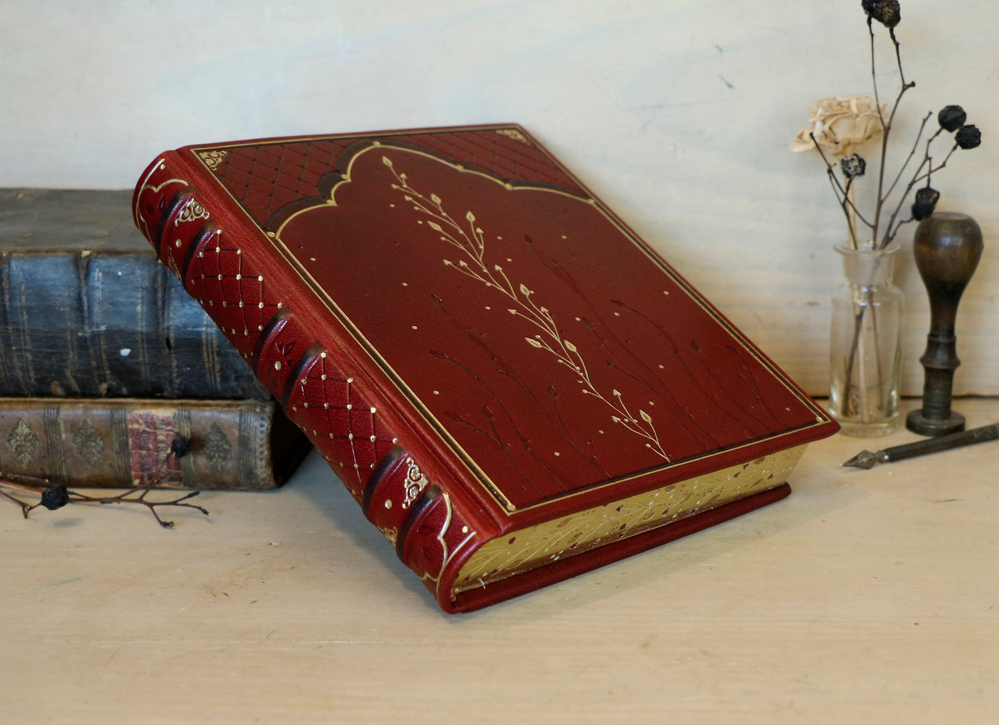 Red Leather Journal with Gilded Edges, Gold, Hand Tooled Decoration - The Temple of Love