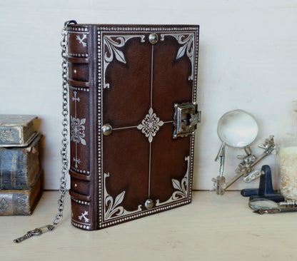 Journal with Lock and Key, Antique Brown Leather with Silver decoration - Codex Argentum