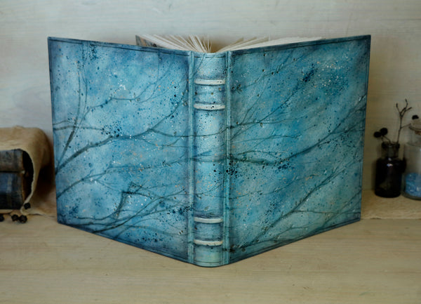 Light blue leather journal with tooled and painted decoration. One of a kind. Azure Mist